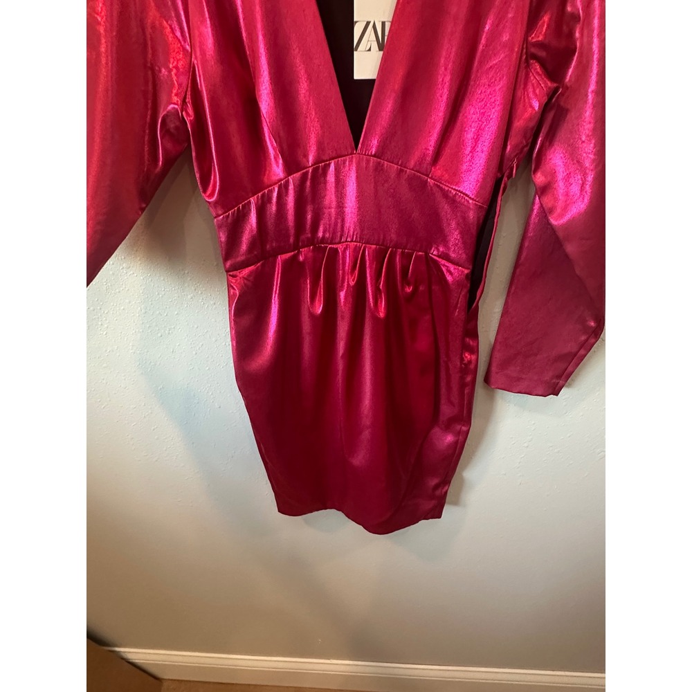 Zara Metallic Mini Dress Womens Small Pink V-Neck Long Sleeve Party Glam (Flaw) - Picture 9 of 16